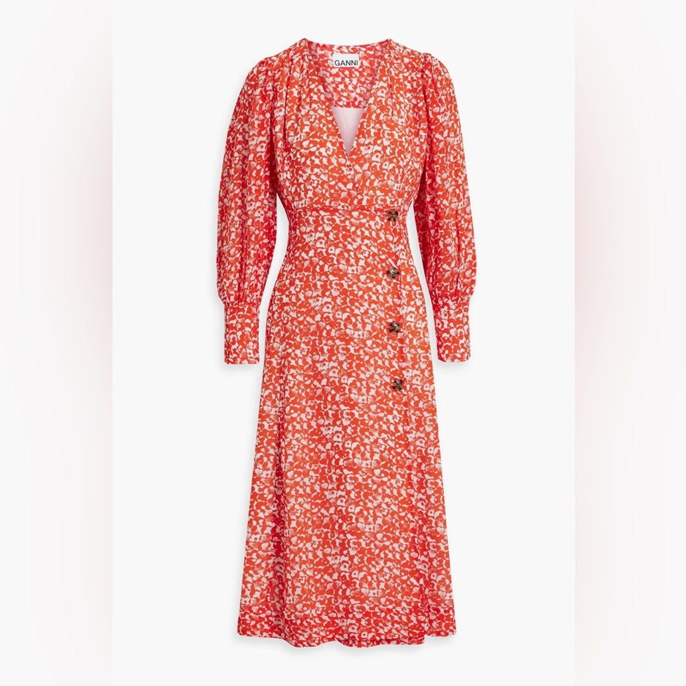 Ganni crepe button wrap midi dress floral dress